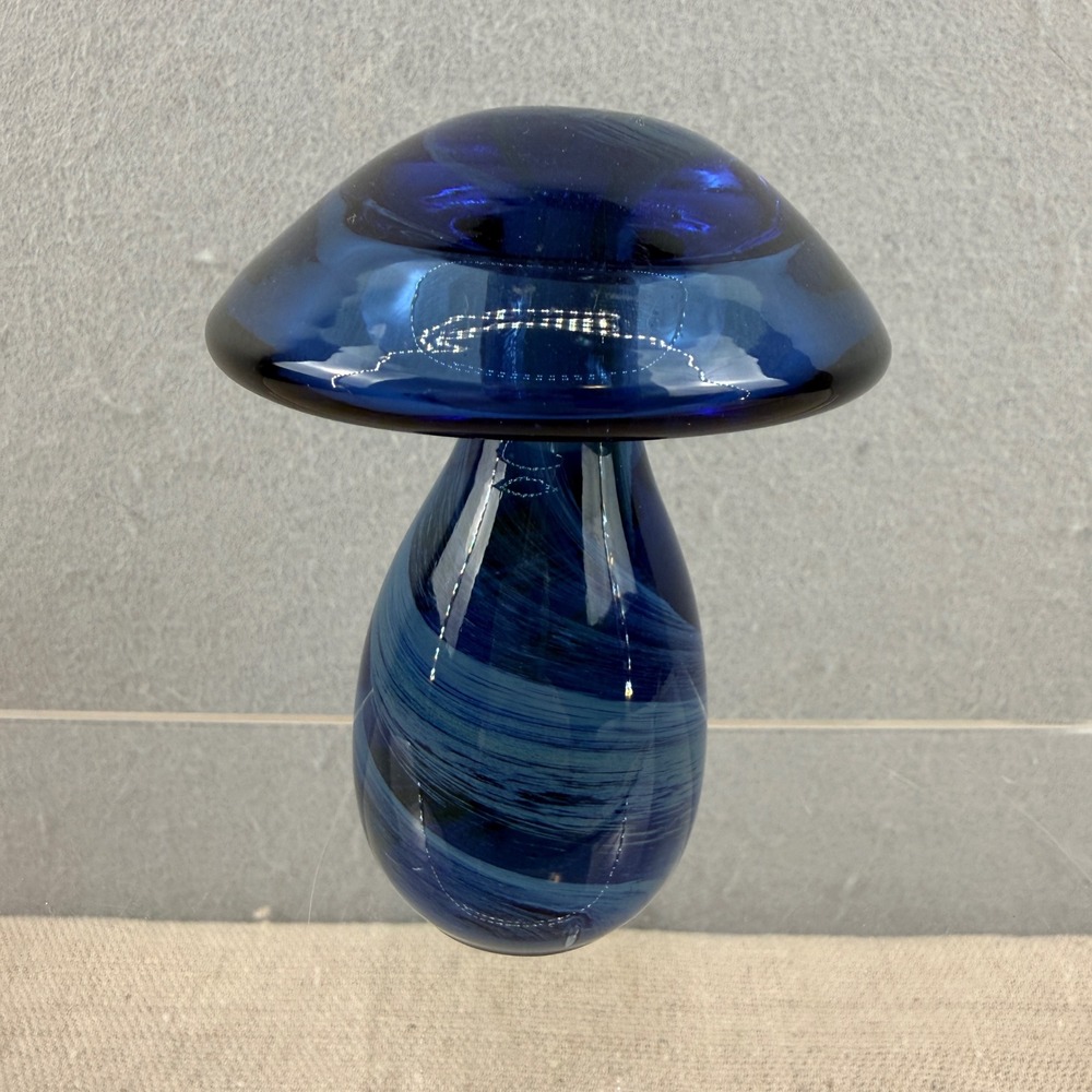 Signed John Lewis‎ Studio Art Glass Mushroom Paperweight Cobalt Blue Swirl